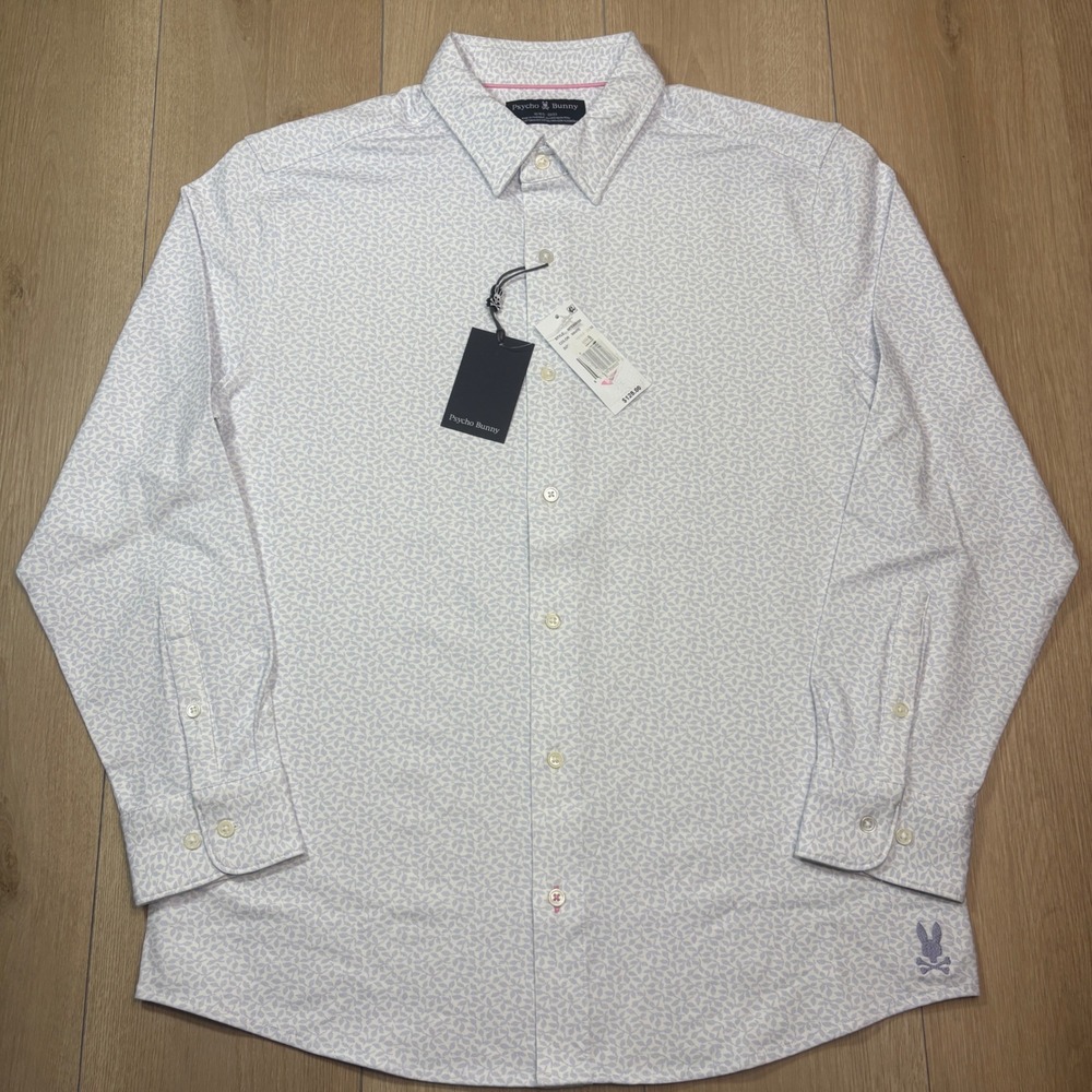 Psycho Bunny Men Pima Cotton Stretch Button Down Shirt White Blue 16/16.5 32/33